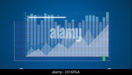 Image of multiple graphs and loading bar with changing numbers over blue background Stock Photo