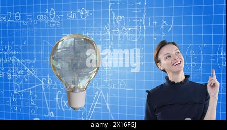 Image of lightbulb and caucasian businesswoman over mathematical data processing Stock Photo