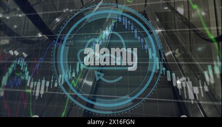 Image of cyber security text, cloud, arrows in loading circles, shield, graphs over escalators Stock Photo