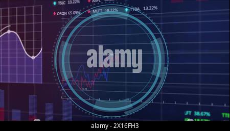 Image of shield in loading circles over multiple graphs, trading boards and computer language Stock Photo