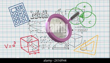 Image of magnifying glass over mathematical data processing Stock Photo