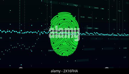 Image of fingerprint over graphs and changing numbers against black background Stock Photo