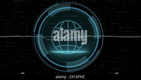 Image of graphs over globe, cyber security text in shield, loading circles on black background Stock Photo