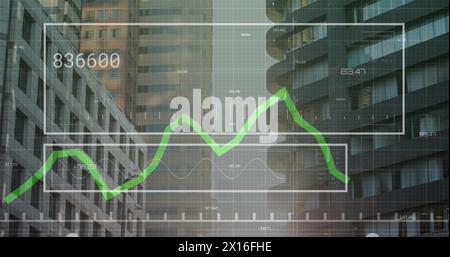 Image of changing numbers and graphs over modern buildings against sky Stock Photo