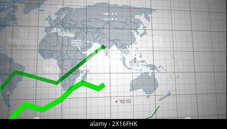Image of multiple graphs with changing numbers over map against white background Stock Photo