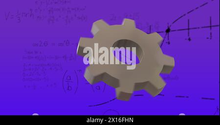 Image of grey cog over mathematical data processing Stock Photo