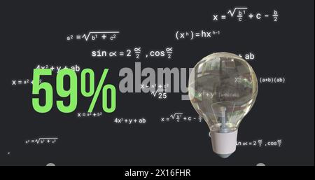 Image of lightbulb and percent over mathematical data processing Stock Photo