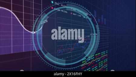 Image of loading circles, shield over graphs and trading boards against black background Stock Photo