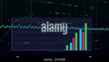 Image of multicolored graph over dots forming graphs with changing numbers on black background Stock Photo