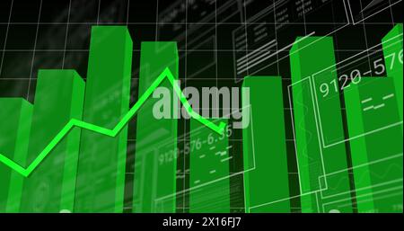 Image of interface with statistical data processing against black background Stock Photo