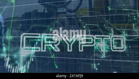 Image of graphs, crypto text over close up of claw of crane moving in junkyard Stock Photo