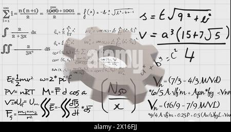 Image of cog over mathematical data processing Stock Photo