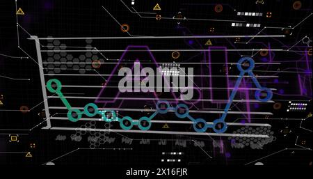 Image of graph over ai text with geometric shapes over black background Stock Photo