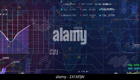 Image of statistical and stock market data processing over world map against blue background Stock Photo
