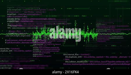 Image of green soundwaves moving over computer languages Stock Photo