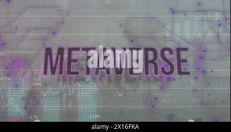 Image of metaverse text, multiple graphs and changing numbers over abstract background Stock Photo