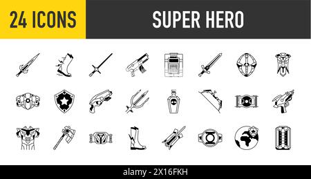 Super Hero icon set in thin style. Contains such icons as Water gun, Paintball, Gun, Soldier, Weapon, Submarine, Sword, Radioactive, Medieval, Mace. Stock Vector