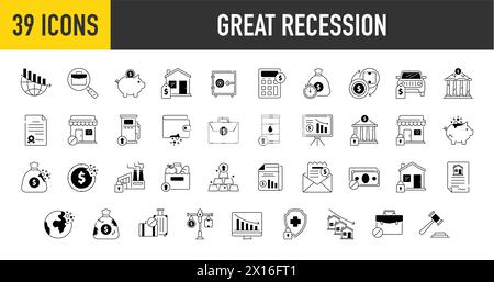 Great recession economic crisis web icon set premium style. Decrease, layoff, job fired, pay cuts, low cost, collection. Vector illustration. Stock Vector