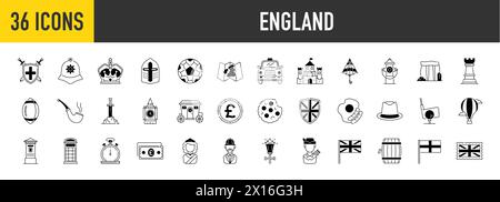 England icon set. Included the icons as British pound, United Kingdom, London taxi, queen, flag, and more. Stock Vector