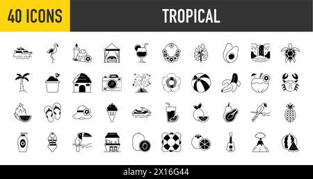 Set of tropical vacation Icons. Seasonal elements collection. Flamingos, ice cream, pineapple, tropic leaves, cocktails, plumeria, watermelon, beach. Stock Vector