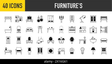 Set of icons related to home furniture, appiliance, decoration. Icon collection. Vector illustration Stock Vector