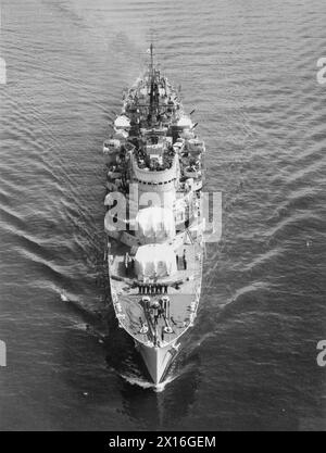 SHIPS OF THE ROYAL NAVY 1945-1989 - Aerial fore view of Town-class light cruiser HMS Birmingham (C19) Royal Navy, Royal Navy, HMS Birmingham, Light Cruiser, (1936) Stock Photo