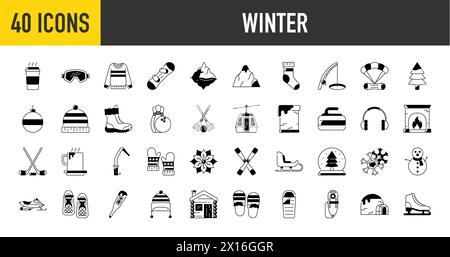 Set of winter activity icons. Such as snowman, winter sports,fashion, sweater, snow ride, Igloo, coffee, skating, ropeway, thermometer and more vector Stock Vector