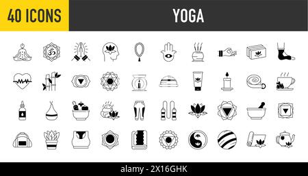 Yoga and meditation practice vector icons set. Such as relaxation, inner peace, self-knowledge, inner concentration, spiritual practice and more icon Stock Vector