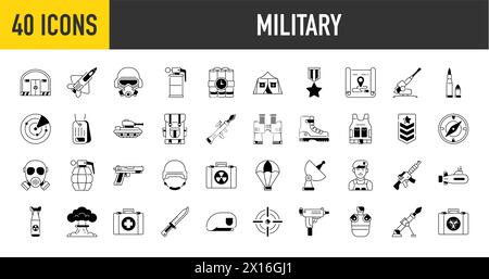 Set of war, military, army icons. Military Equipment, tools, aids and appliances. collection and pack of icons. Stock Vector