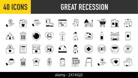 Great recession economic crisis web icon set premium style. Decrease, layoff, job fired, pay cuts, low cost, collection. Vector illustration. Stock Vector