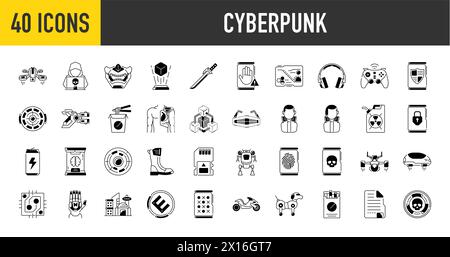 Cyber punk security icon set. Data protection symbol. Secured network icon collection. Technology concept. Vector illustration. Stock Vector
