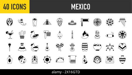 Mexico icons set, design element, flat style. Collection objects for Cinco de Mayo parade with pinata, food, sambrero, tequila, cactus, flag. Vector Stock Vector