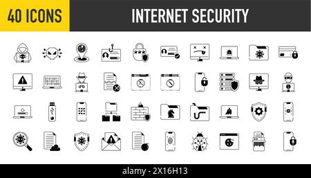 Set of 40 icons related to internet security, IOT, internet of things, smart house, innovation. Icon collection vector illustration. Stock Vector