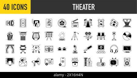 Theater icons set vector illustration. Contains such icon as cinema, film, movie, tv, video and more. Stock Vector