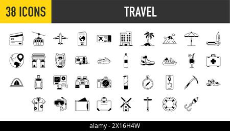 Travel icon set. Summer vacations and holiday symbol vector illustration. Collection of traveling and tourism elements. Stock Vector