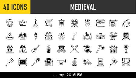 Simple Set of Medieval Related Vector Icon. Contains such Icons as Knight, Castle, Crown and more. Stock Vector