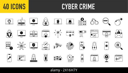 Cyber crime and security icon set. Data protection symbol. Secured network icon collection. Technology concept. Vector illustration. Stock Vector