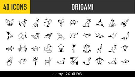 Origami Folded Paper Animals Shapes. Bird, Crane, Cat, Dog, Rhino, Fox, Mouse, Elephant. Flat Icon Illustration Set Collection Stock Vector