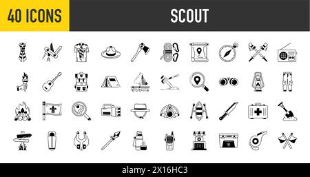 set of scout icons. Solid icons such as tent, shore, beanie, life vest, map, camping and more Stock Vector