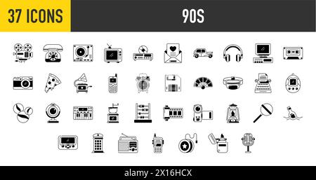 Set of retro 90s vector icons. Such as pizza, television, cellphone, headphone, alarm, radio, microphone, camera and more icon illustration. Stock Vector