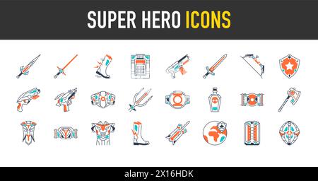 Super Hero icon set in thin style. Contains such icons as Water gun, Paintball, Gun, Soldier, Weapon, Submarine, Sword, Radioactive, Medieval, Mace. Stock Vector