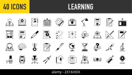 Learning set of web icons in solid style. Education icons for web and mobile app. E-learning, video tutorial, knowledge, study, school, university. Stock Vector