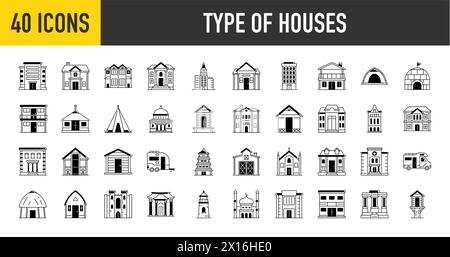 Type of houses. Set of icons of big city buildings. Urban architecture. State institutions, religious and cultural monuments. Educational centers and Stock Vector
