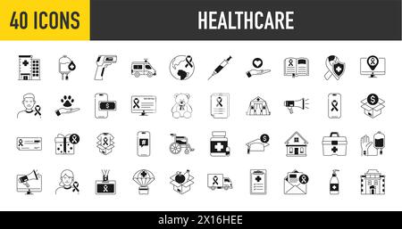 Healthcare icon set. Medical care service symbol collection of hospital, injection, ambulance, temperature gun, first aid box. Vector illustration. Stock Vector