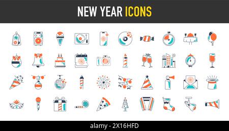 Happy new year icon set. Included icons as celebrate, celebration, dancing, music, christmas, congrats vector illustration Stock Vector