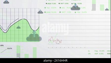 Image of arrow in clouds with multiple graphs and trading boards over white background Stock Photo