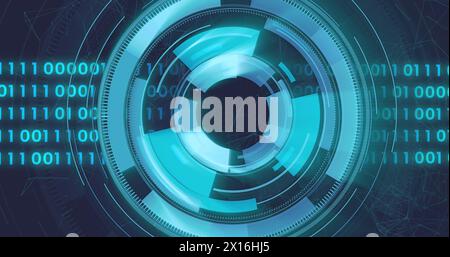 Image of loading circles, binary codes and connected dots over black background Stock Photo