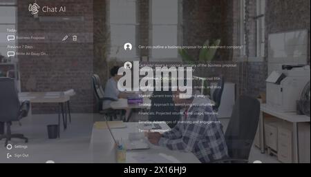 Chat ai logo and conversation text over diverse casual business colleagues at creative office Stock Photo