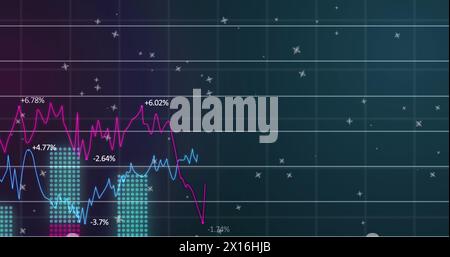 Image of multiple graphs with changing numbers, grid pattern over black background Stock Photo
