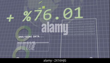 Image of binary codes, trading board, loading circles, rotating globe over abstract background Stock Photo